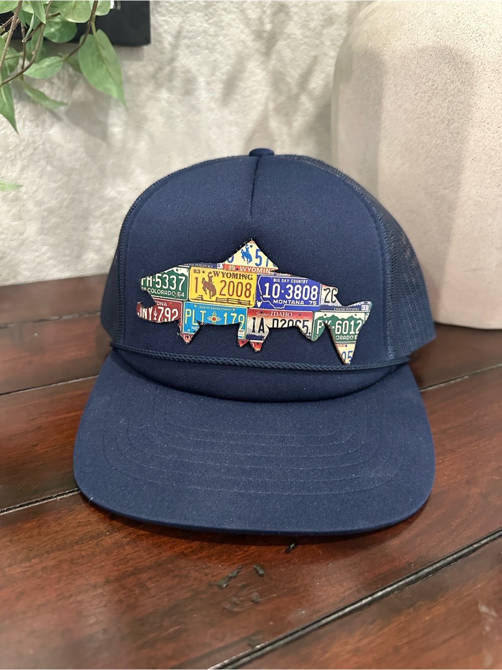 Navy Trucker Hat with Colorful License Plate Fish Patch